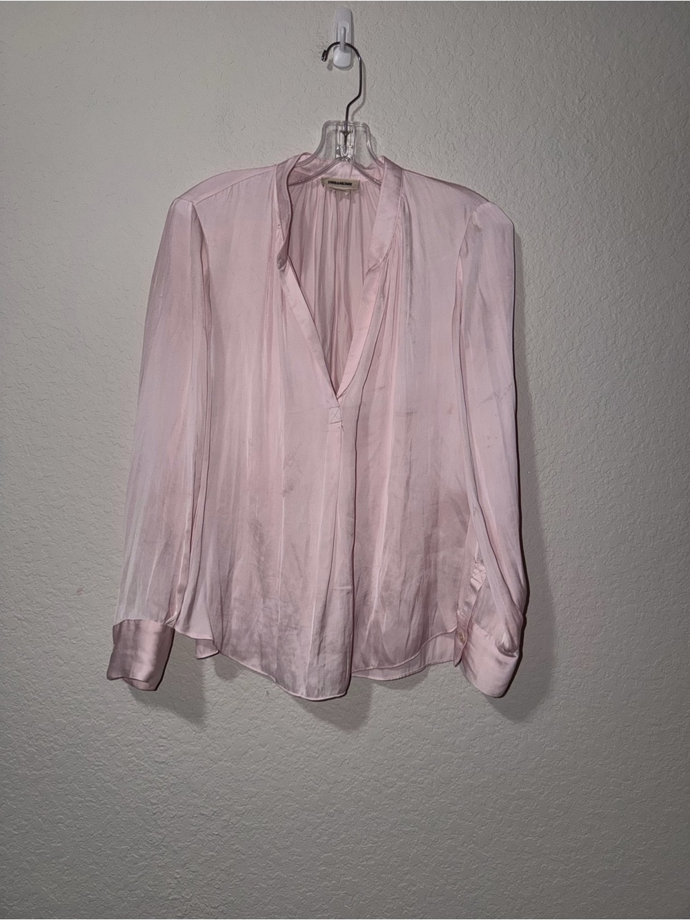 Zadig & Voltaire Women's Light Pink Satin V-Neck Long-Sleeve Blouse - Picture 3 of 7